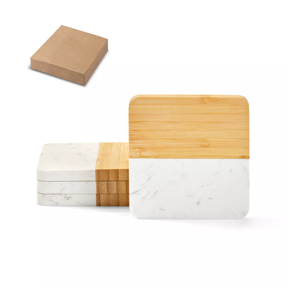 Conjunto de 4 porta copos em mármore e bambu - 1